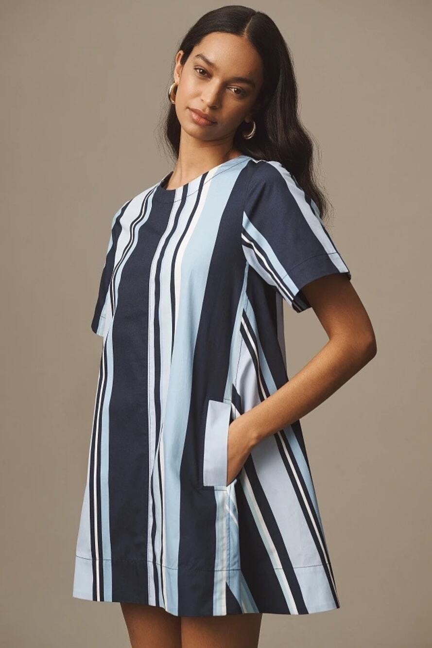 Anthropologie Maeve Blue Striped 70s Retro Trapeze Mini Dress Size Medium